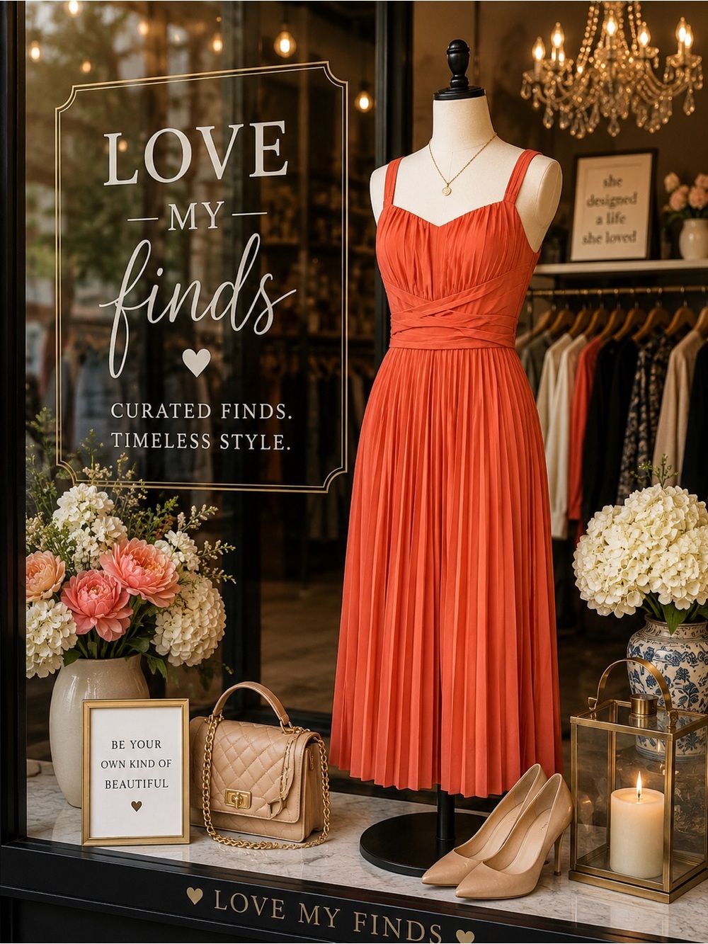 Anne Klein AK Burnt Orange Pleated Fit & Flare Midi Dress Size 8 | Elegant Dress